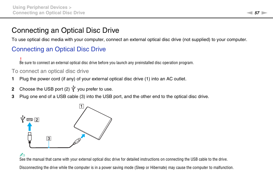 Connecting an optical disc drive | Sony VPCX111KX User Manual | Page 57 / 132