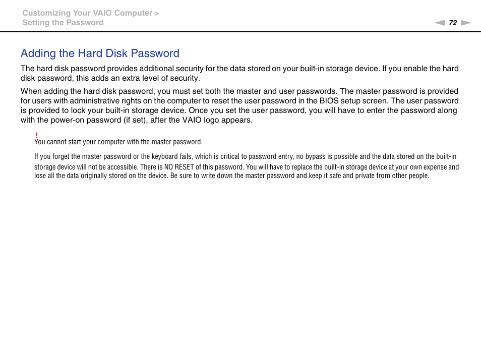 Adding the hard disk password | Sony VPCX111KX User Manual | Page 72 / 132