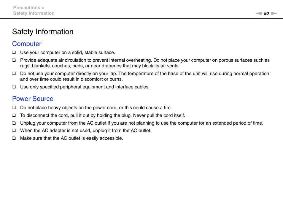 Safety information, Computer, Power source | Sony VPCX111KX User Manual | Page 80 / 132