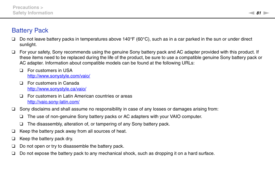Battery pack | Sony VPCX111KX User Manual | Page 81 / 132
