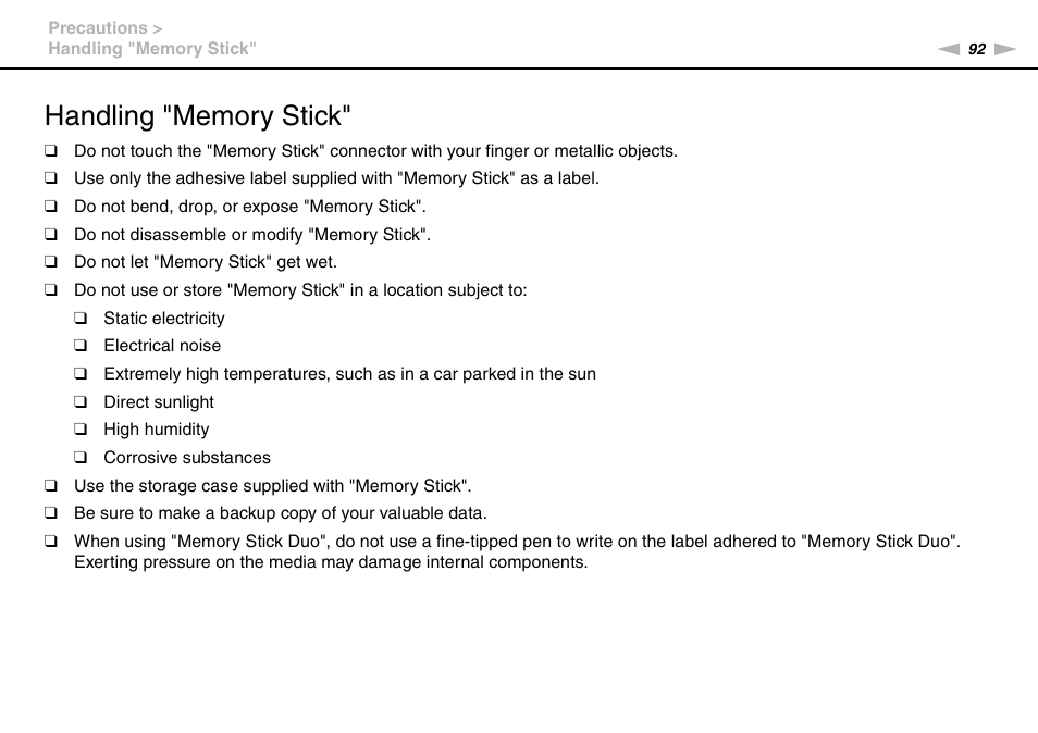 Handling "memory stick | Sony VPCX111KX User Manual | Page 92 / 132