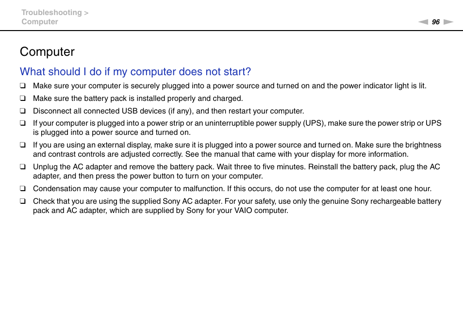 Computer, What should i do if my computer does not start | Sony VPCX111KX User Manual | Page 96 / 132