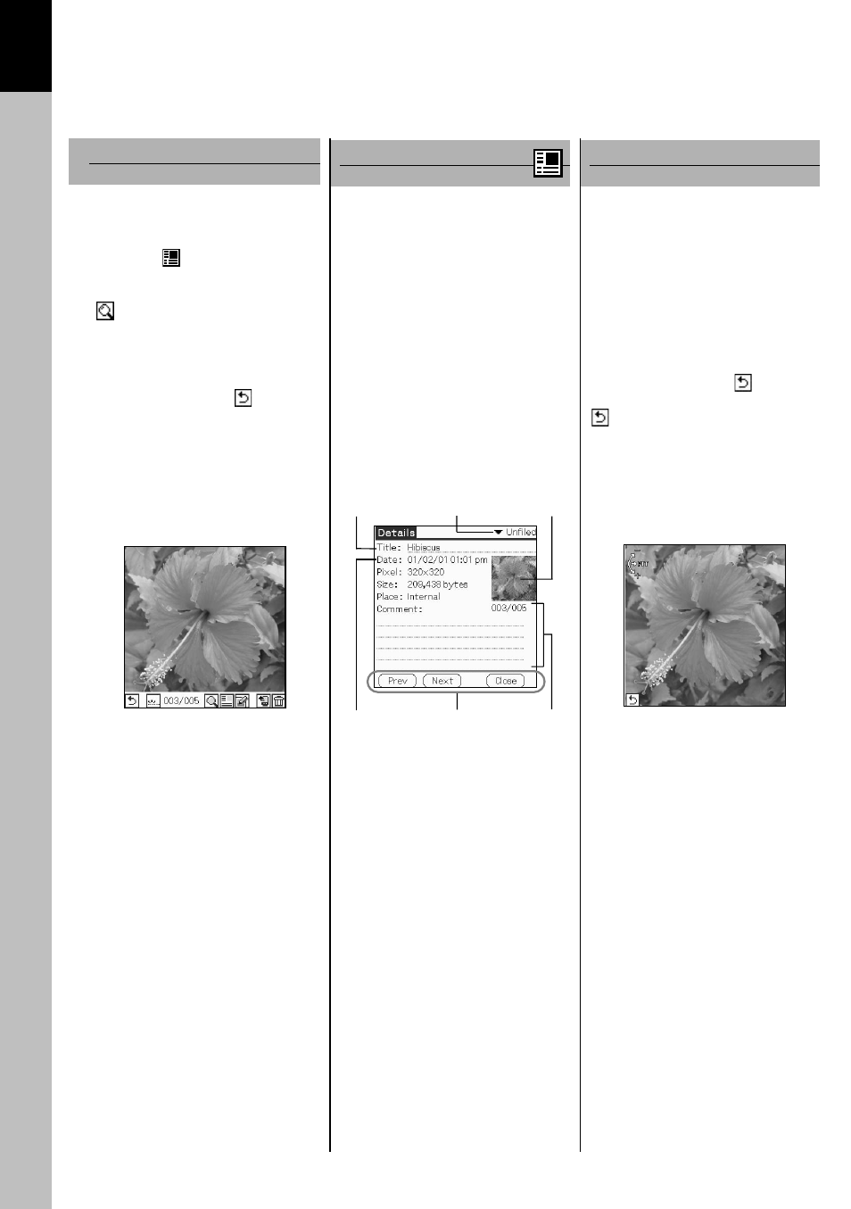 Full screen mode ( browse mode ), Information mode ( browse mode ), Zoom mode ( browse mode ) | Full screen mode (browse mode), Information mode (browse mode), Zoom mode (browse mode), Setup and startup, Full screen mode, Zoom mode, Information mode | Sony PEG-T415 User Manual | Page 10 / 30