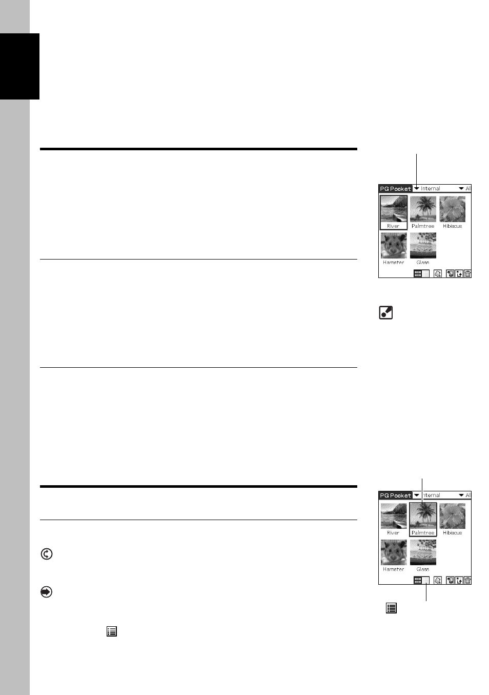 Selecting storage location and category, Selecting a storage location, Selecting a category | Selecting a picture, Selecting a picture in preview mode, Viewing and organizing pictures | Sony PEG-T415 User Manual | Page 12 / 30