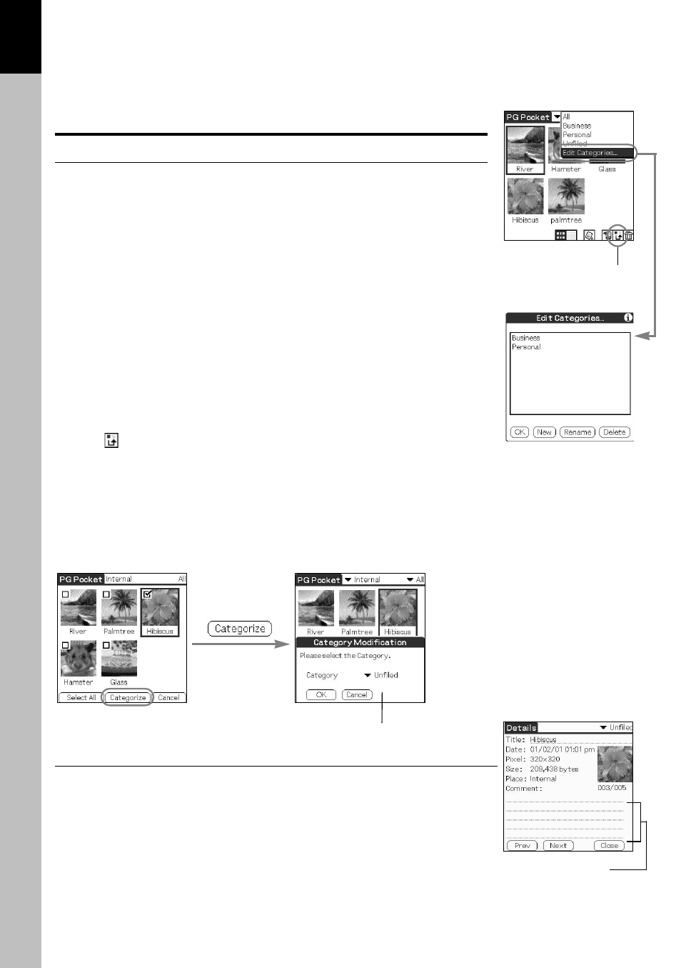 Organizing pictures, Sorting pictures, Adding comments | Viewing and organizing pictures | Sony PEG-T415 User Manual | Page 17 / 30