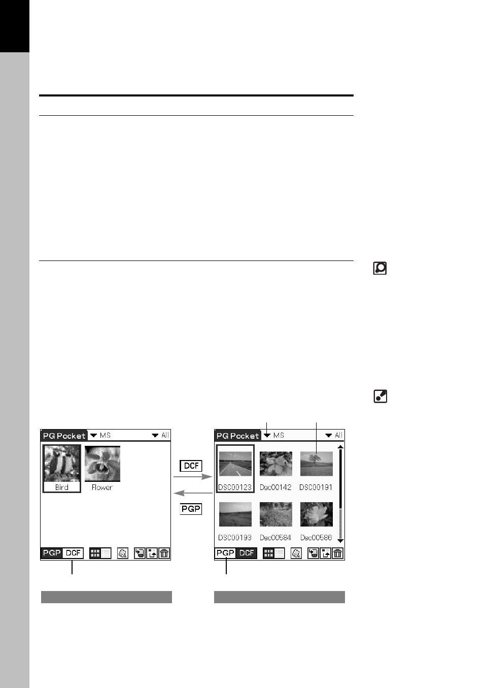 Handling pictures on a memory stick media, Pictures taken by a digital still camera, Browsing the pictures on memory stick media | Advanced functions of picturegear pocket | Sony PEG-T415 User Manual | Page 23 / 30
