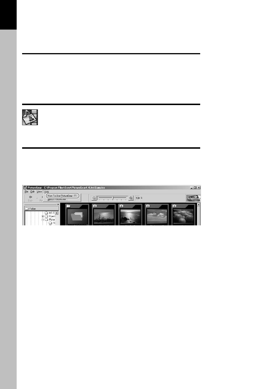 Installation of picturegear lite, Start, Help | Sony PEG-T415 User Manual | Page 28 / 30