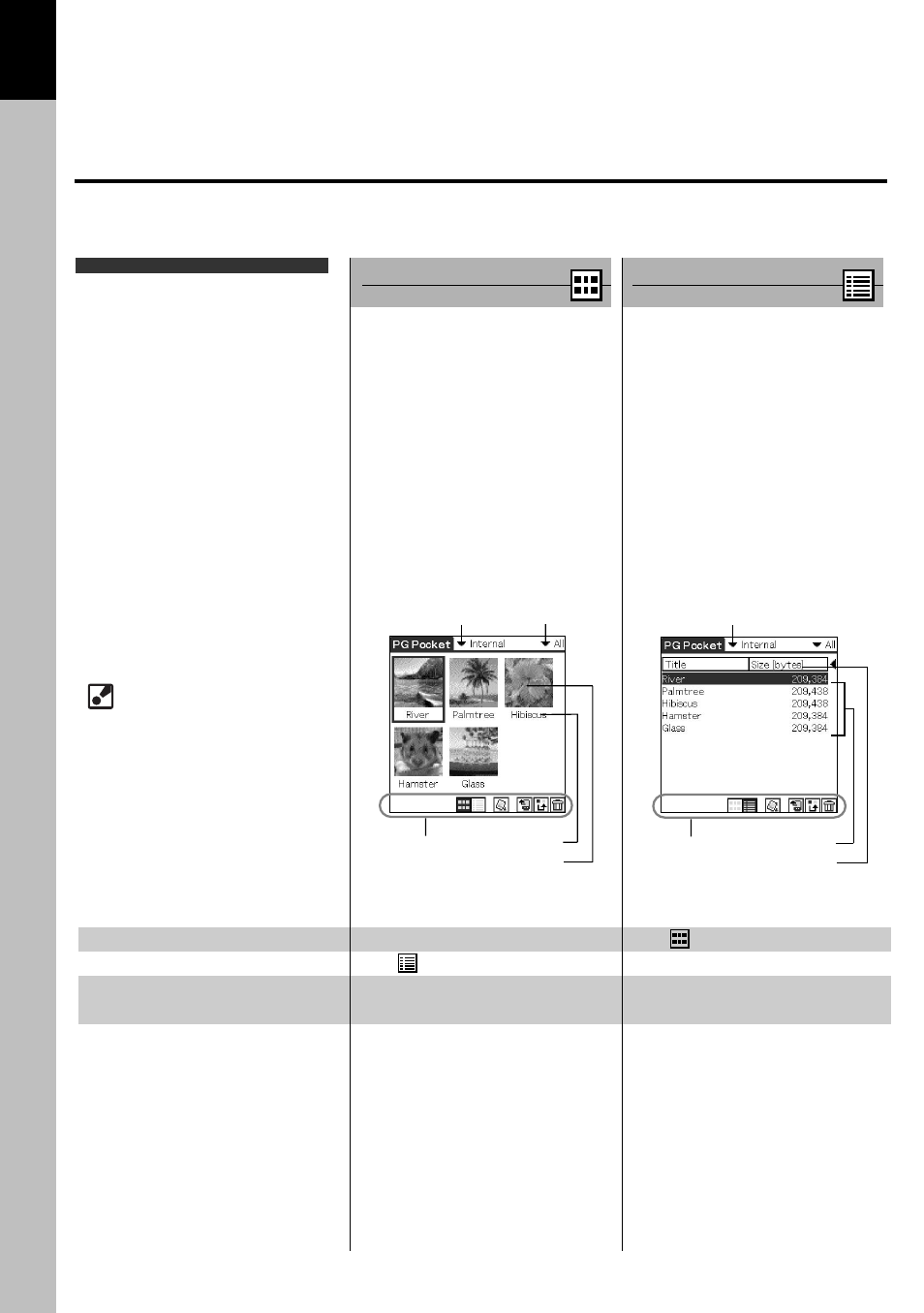 Display modes and functions, Preview mode ( selection mode ), List mode ( selection mode ) | Preview mode (selection mode), List mode (selection mode), Setup and startup, Preview mode, List mode | Sony PEG-T415 User Manual | Page 9 / 30
