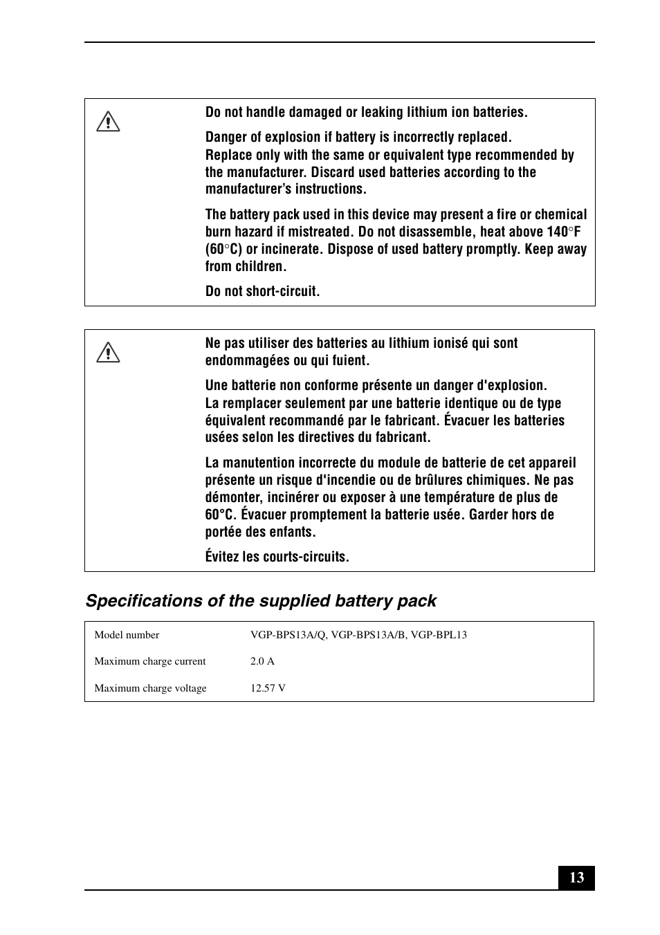 Specifications of the supplied battery pack | Sony VGNSR590FGB User Manual | Page 13 / 28