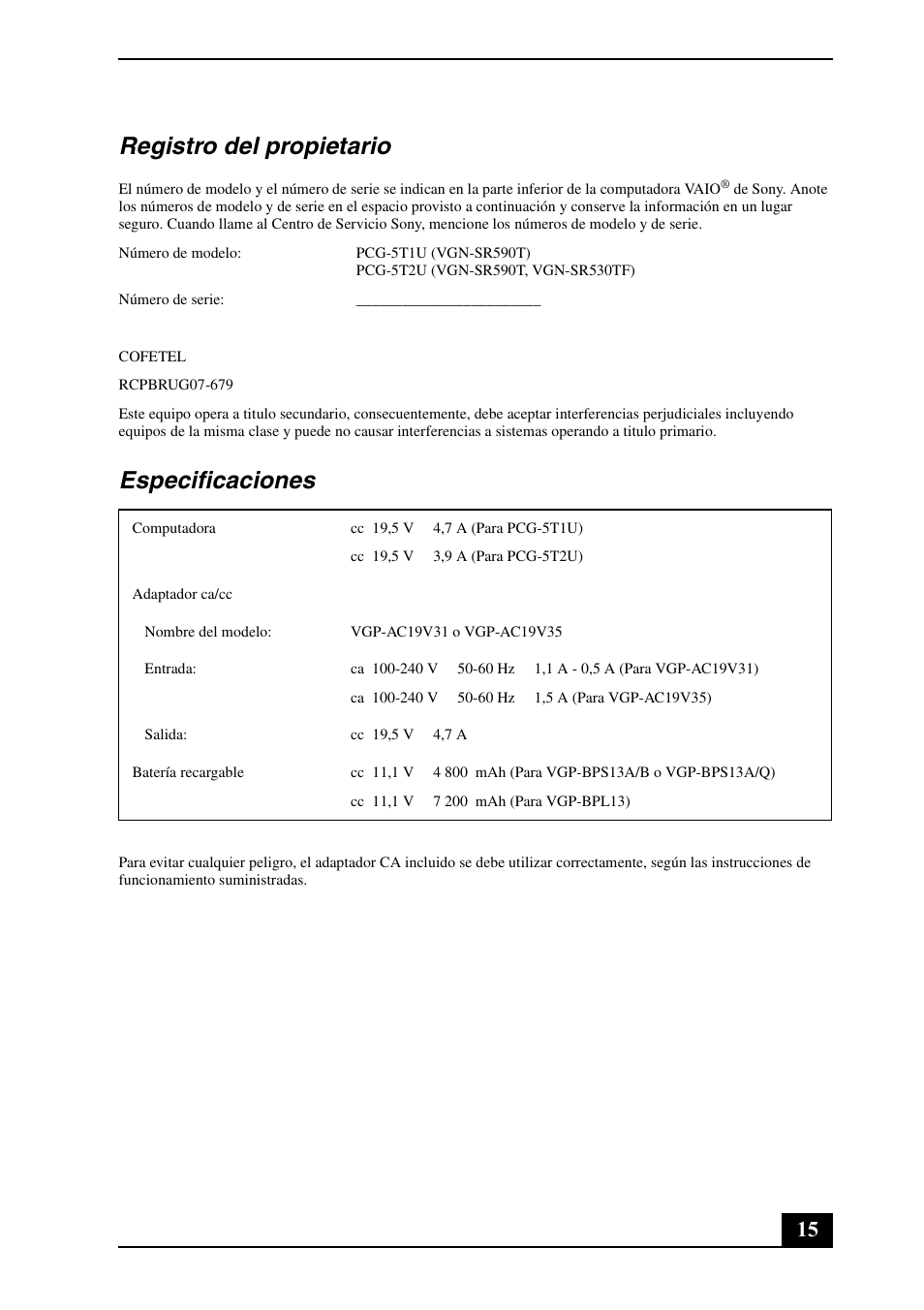 Registro del propietario, Especificaciones | Sony VGNSR590FGB User Manual | Page 15 / 28