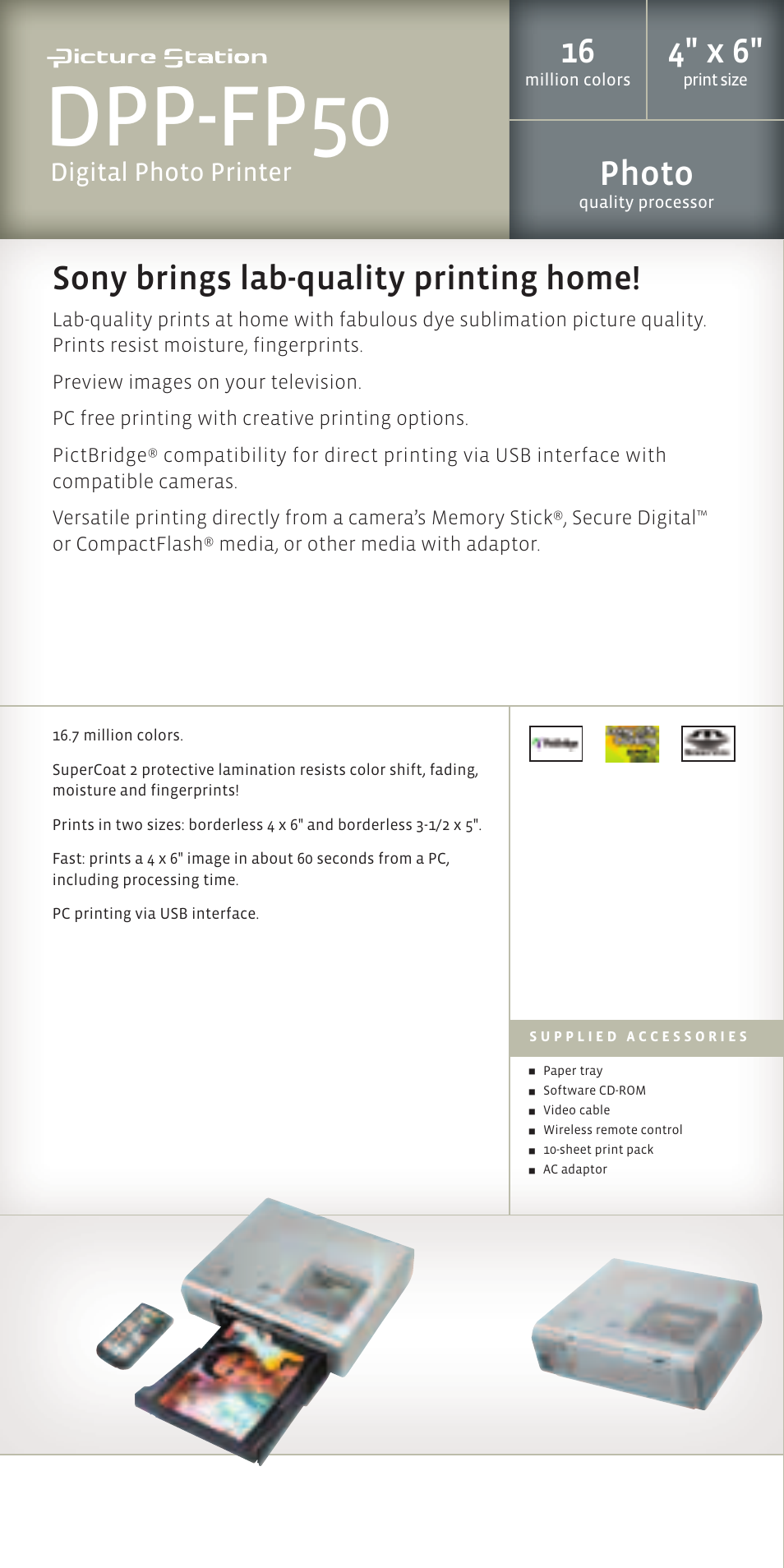 Dpp-fp50, 4" x 6, Photo | Sony brings lab-quality printing home, Digital photo printer | Sony DSC-N1 User Manual | Page 13 / 19