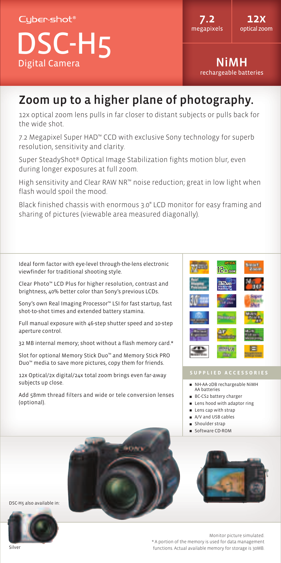 Dsc-h5, Nimh, Zoom up to a higher plane of photography | Digital camera | Sony DSC-N1 User Manual | Page 17 / 19
