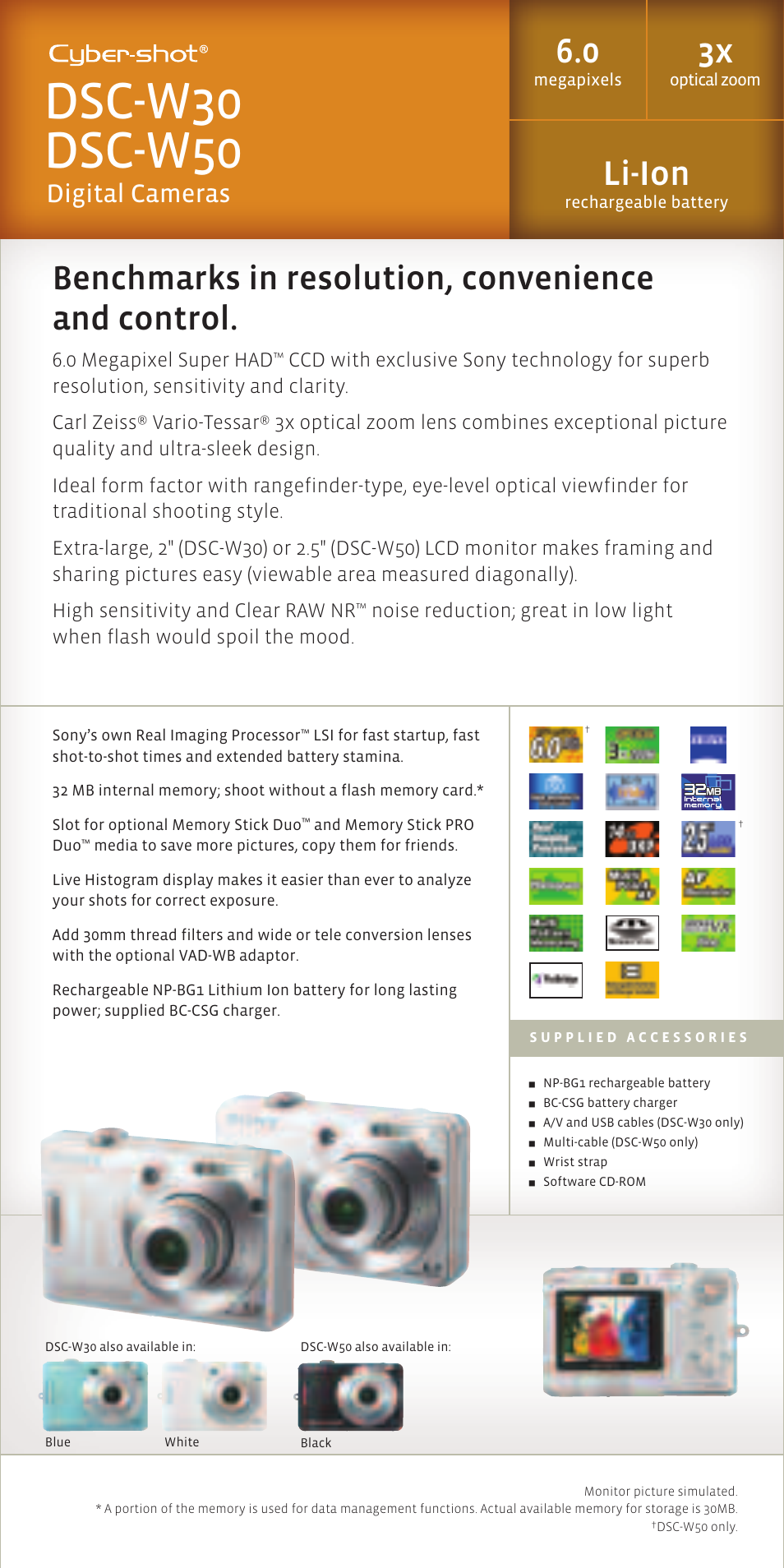 Dsc-w30 dsc-w50, Li-ion, Benchmarks in resolution, convenience and control | Digital cameras | Sony DSC-N1 User Manual | Page 7 / 19