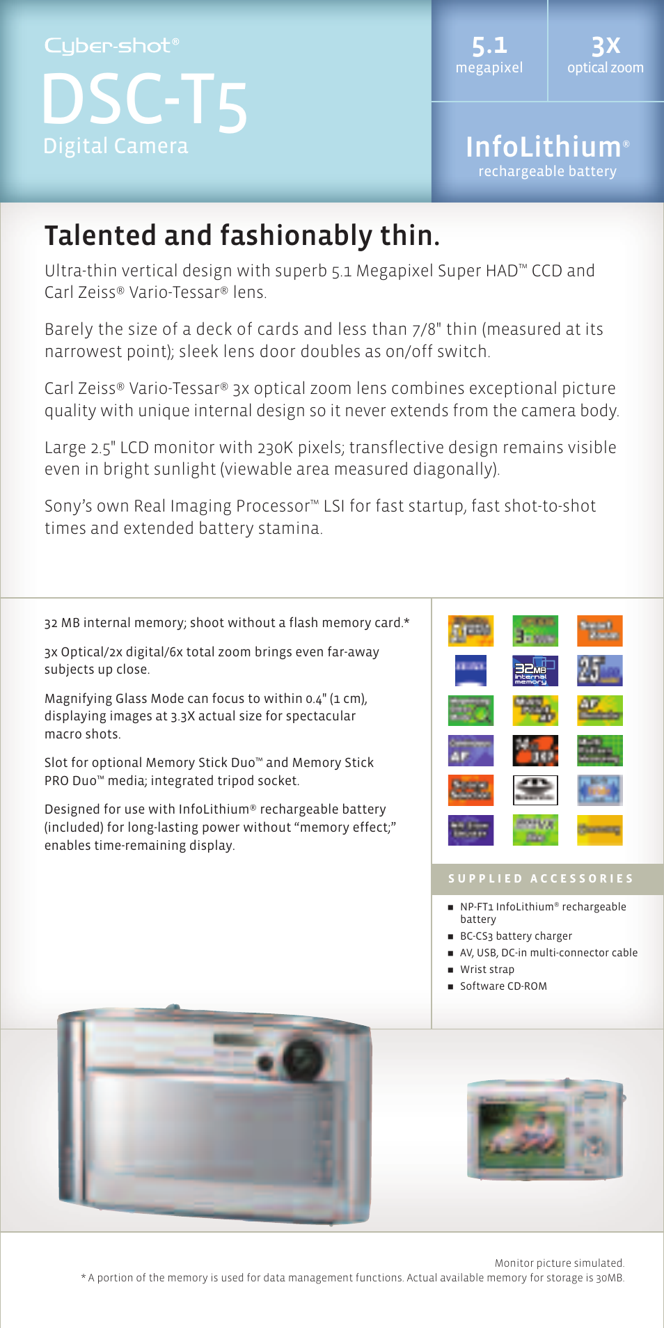 Dsc-t5, Infolithium, Talented and fashionably thin | Digital camera | Sony DSC-N1 User Manual | Page 9 / 19