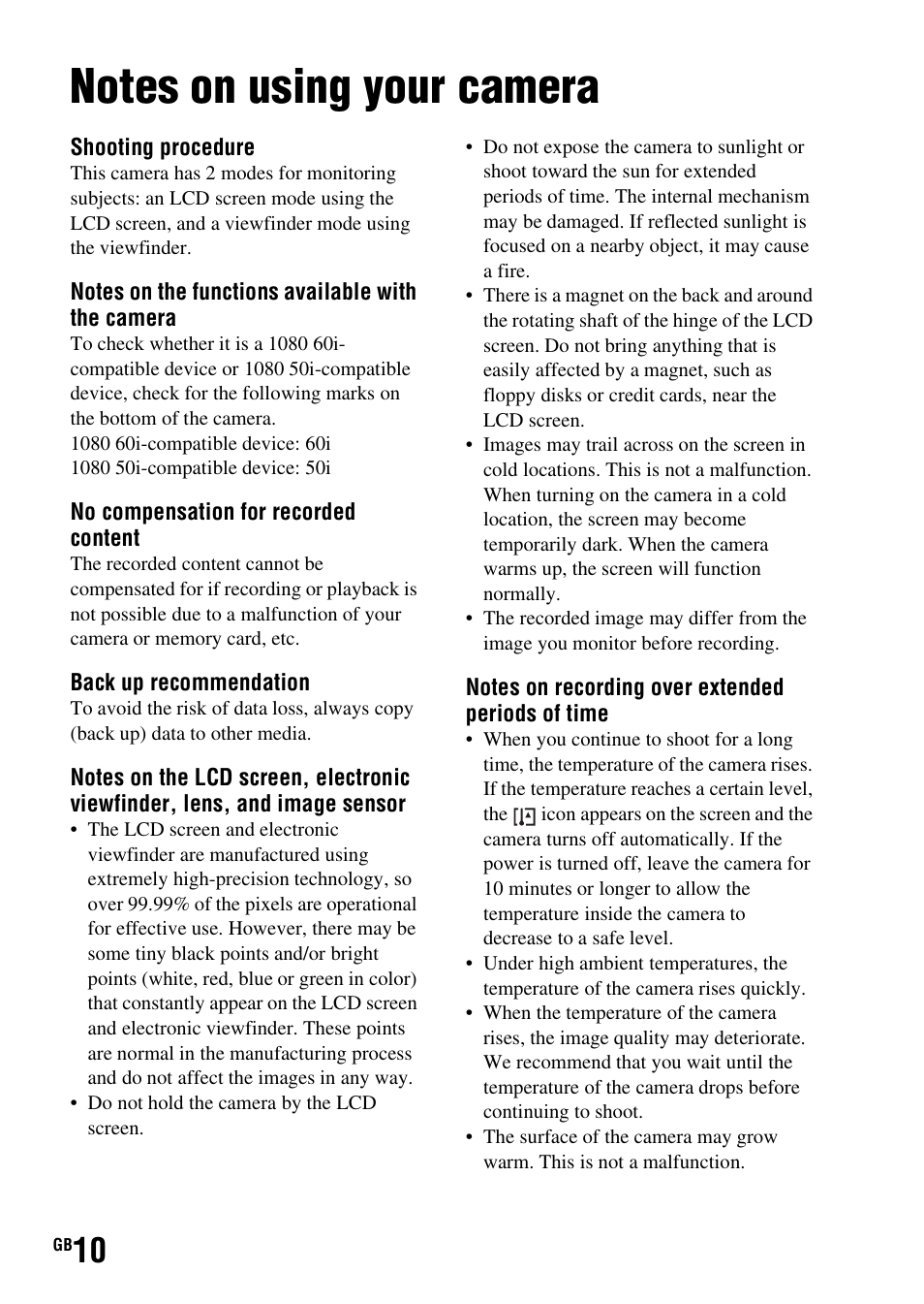 Notes on using your camera | Sony SLT-A58 User Manual | Page 10 / 96