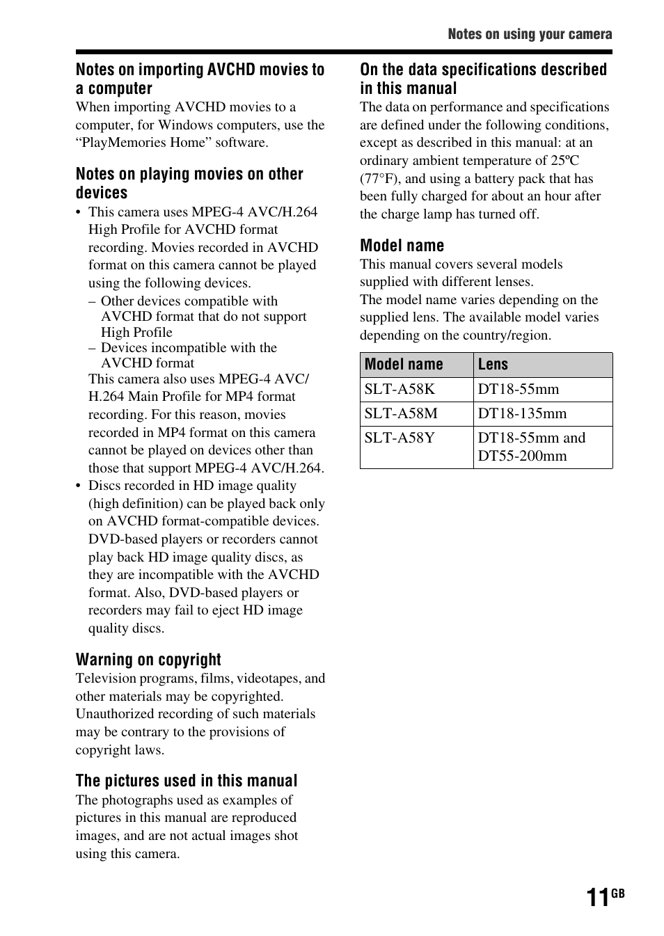 Sony SLT-A58 User Manual | Page 11 / 96