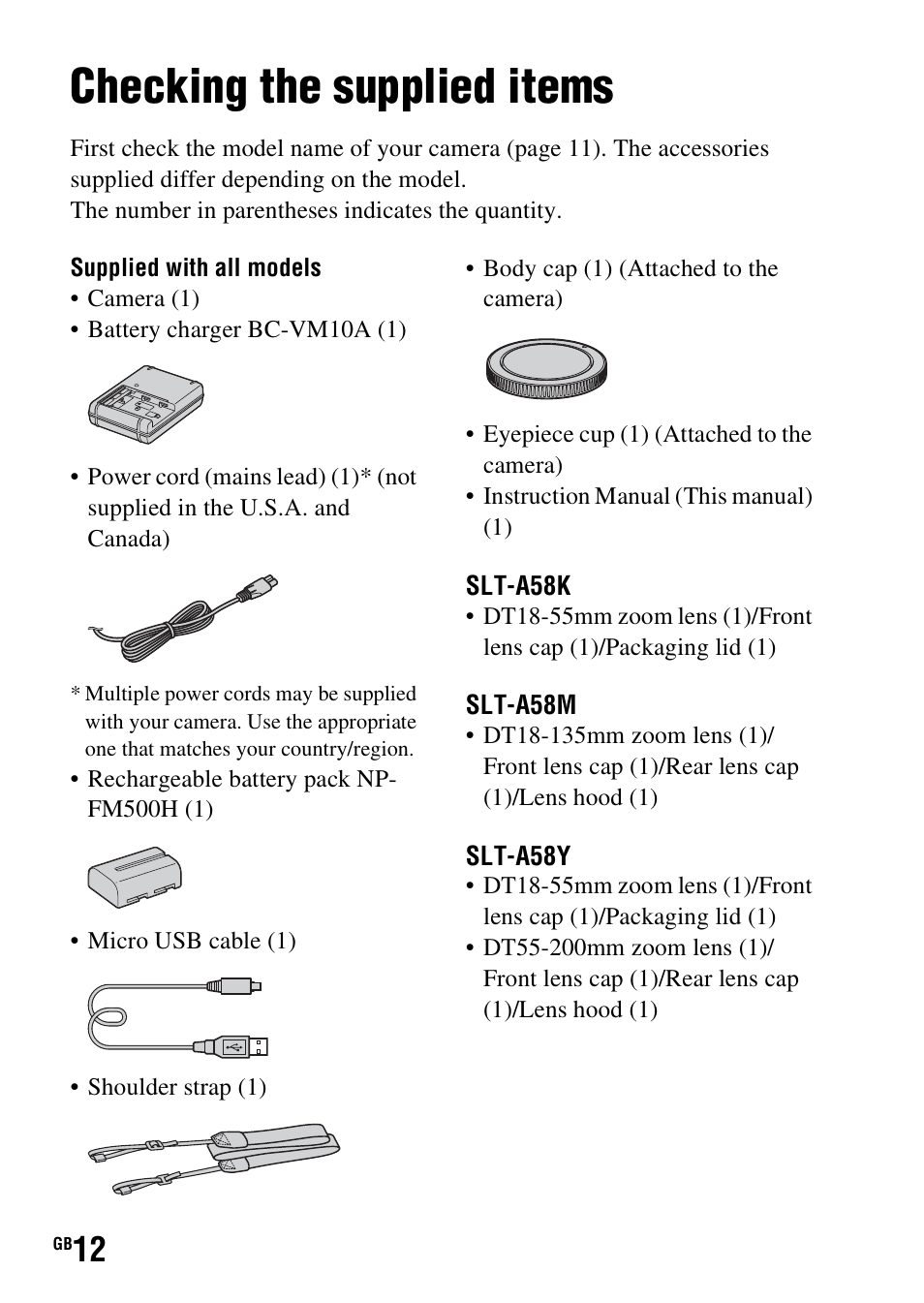 Preparing the camera, Checking the supplied items | Sony SLT-A58 User Manual | Page 12 / 96