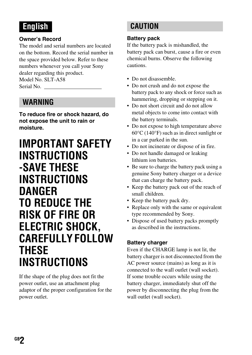 English, Warning caution | Sony SLT-A58 User Manual | Page 2 / 96