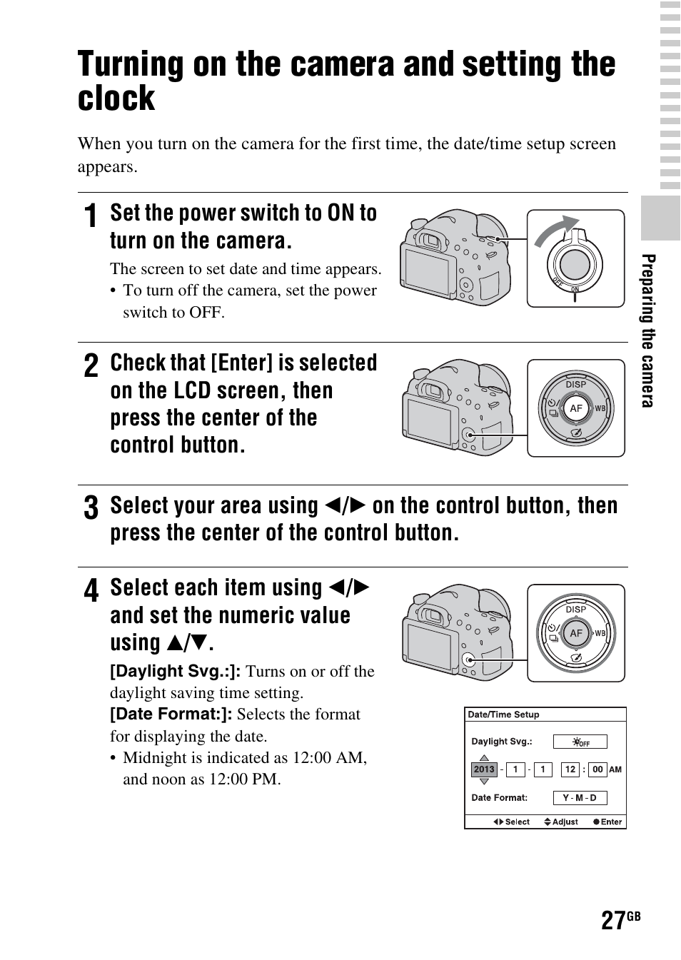 Turning on the camera and setting the clock | Sony SLT-A58 User Manual | Page 27 / 96