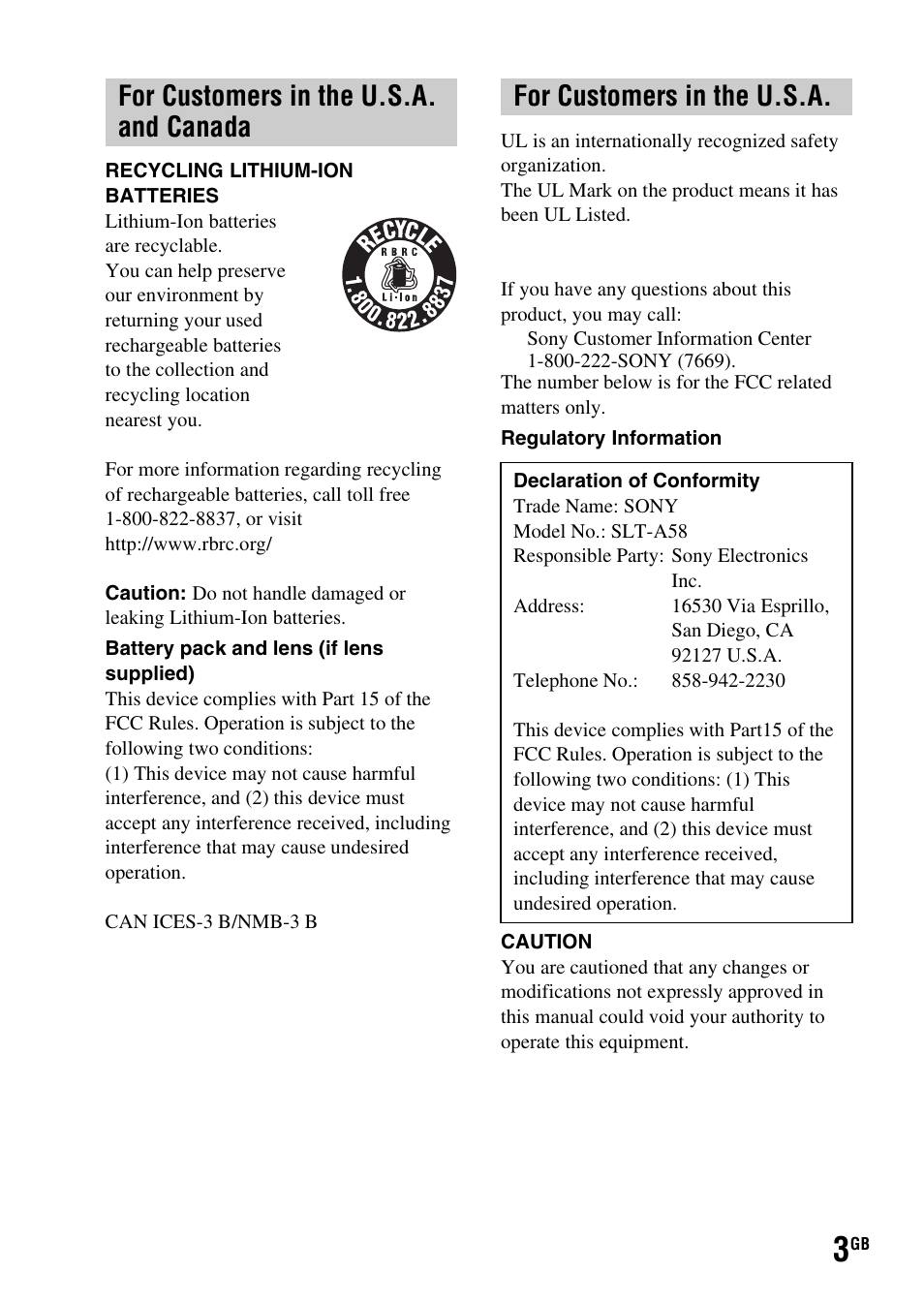 Sony SLT-A58 User Manual | Page 3 / 96