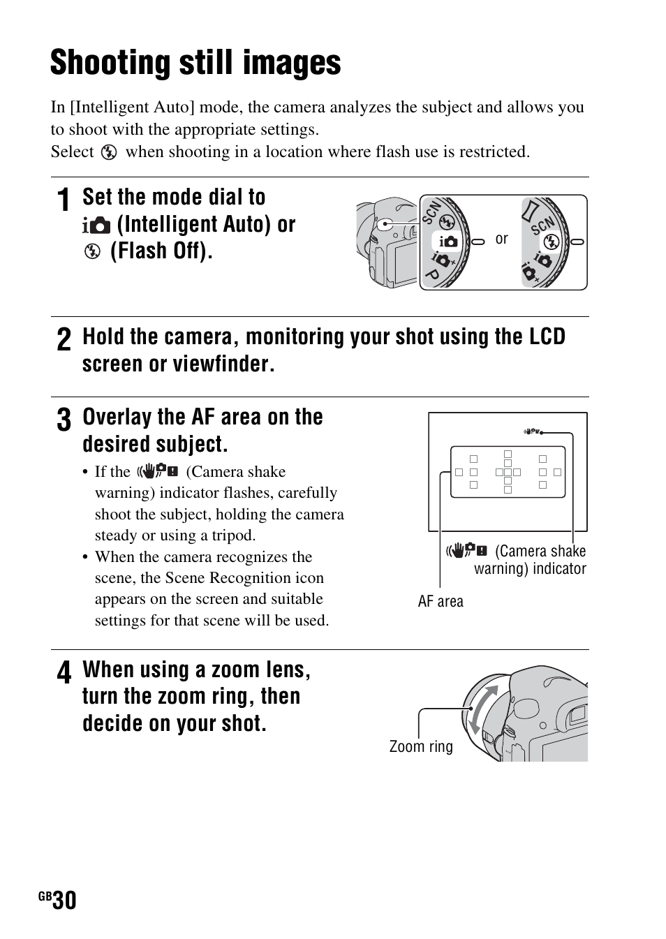 Shooting and viewing images, Shooting still images, On (30) | Sony SLT-A58 User Manual | Page 30 / 96