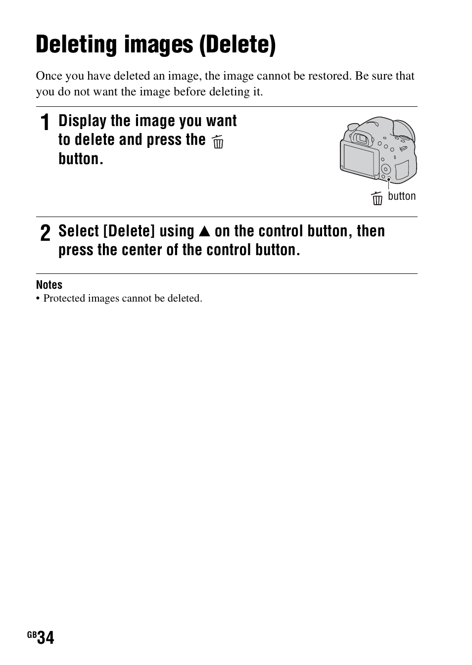 Deleting images (delete) | Sony SLT-A58 User Manual | Page 34 / 96