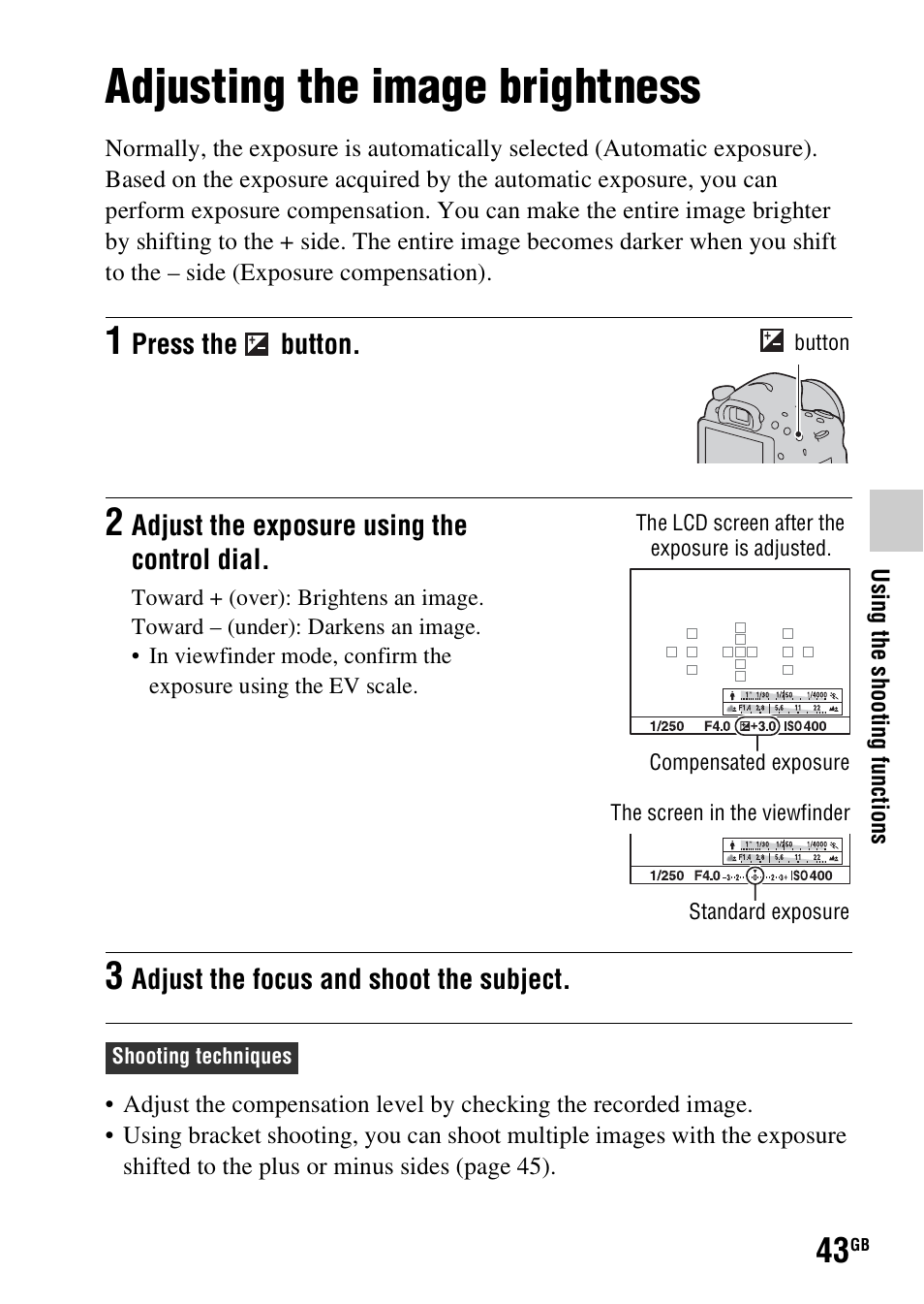 Adjusting the image brightness, N (43) | Sony SLT-A58 User Manual | Page 43 / 96