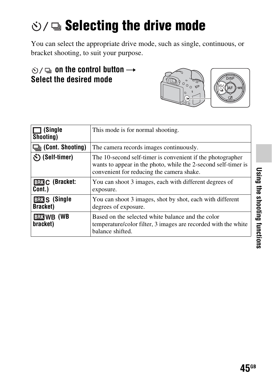Selecting the drive mode, On the control button t select the desired mode | Sony SLT-A58 User Manual | Page 45 / 96