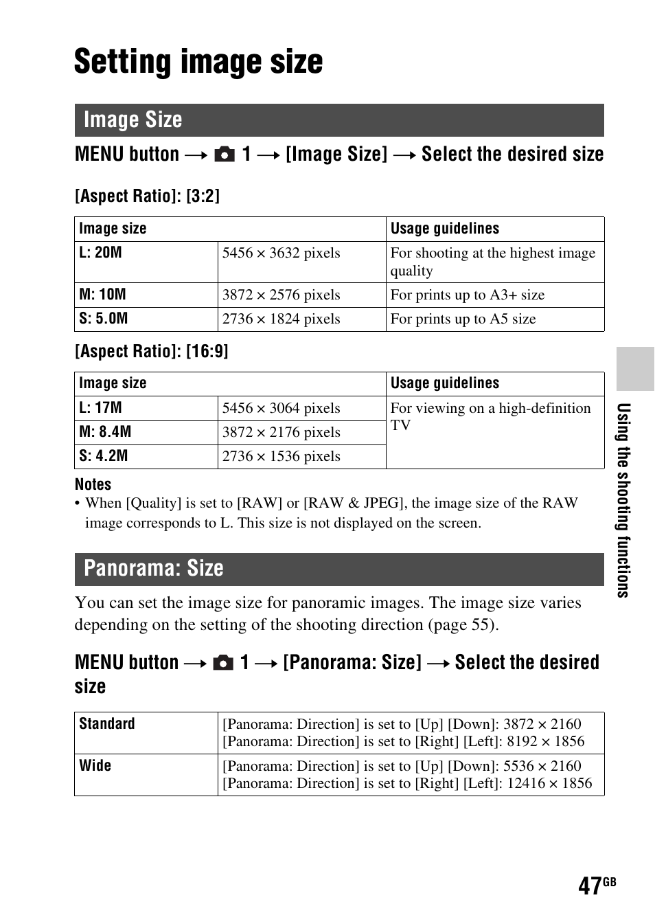 Setting image size, Image size, Panorama: size | Image size panorama: size | Sony SLT-A58 User Manual | Page 47 / 96