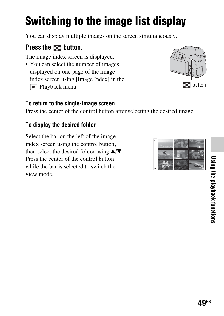 Switching to the image list display, N (49) | Sony SLT-A58 User Manual | Page 49 / 96