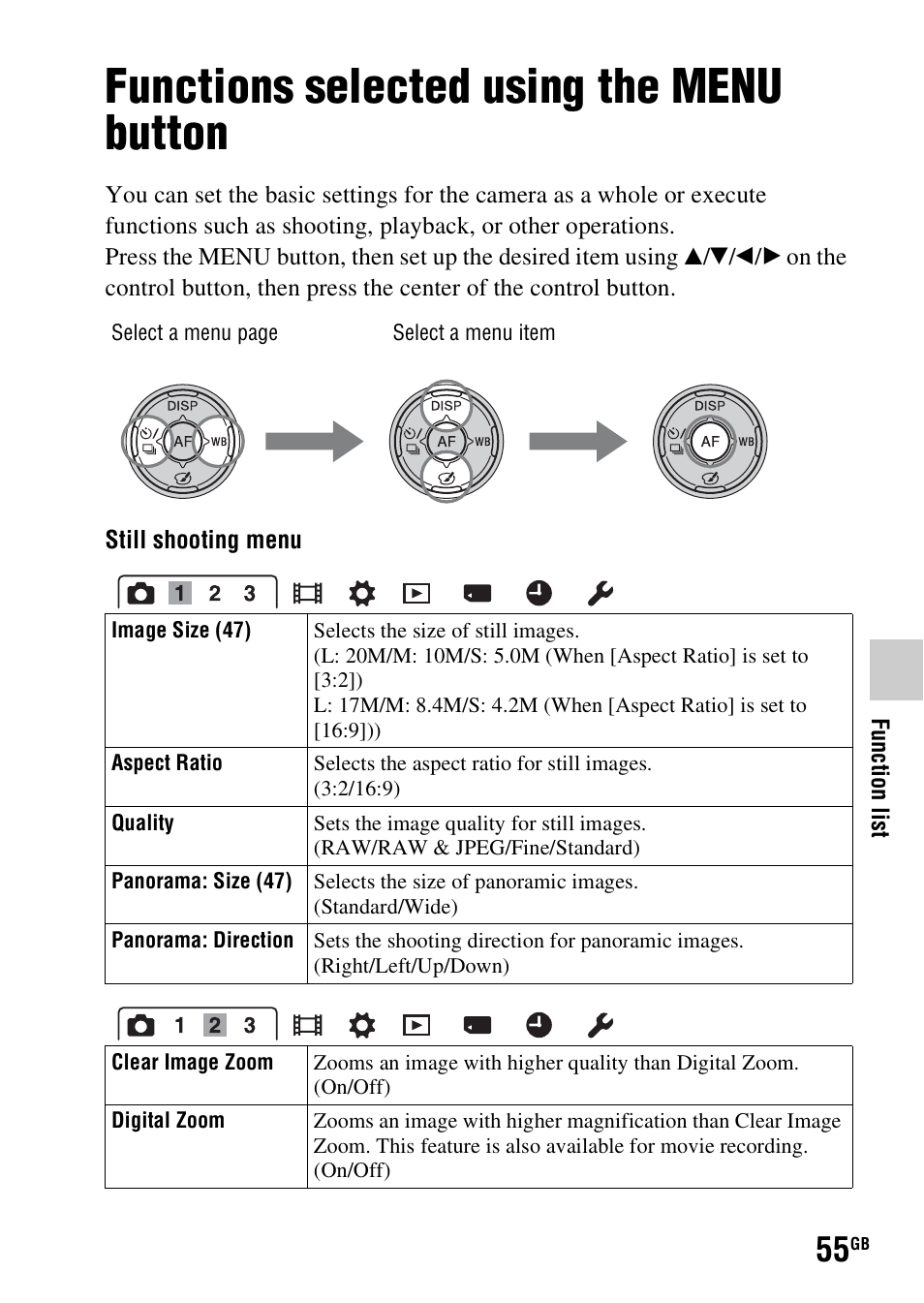 Functions selected using the menu button, N (55) | Sony SLT-A58 User Manual | Page 55 / 96