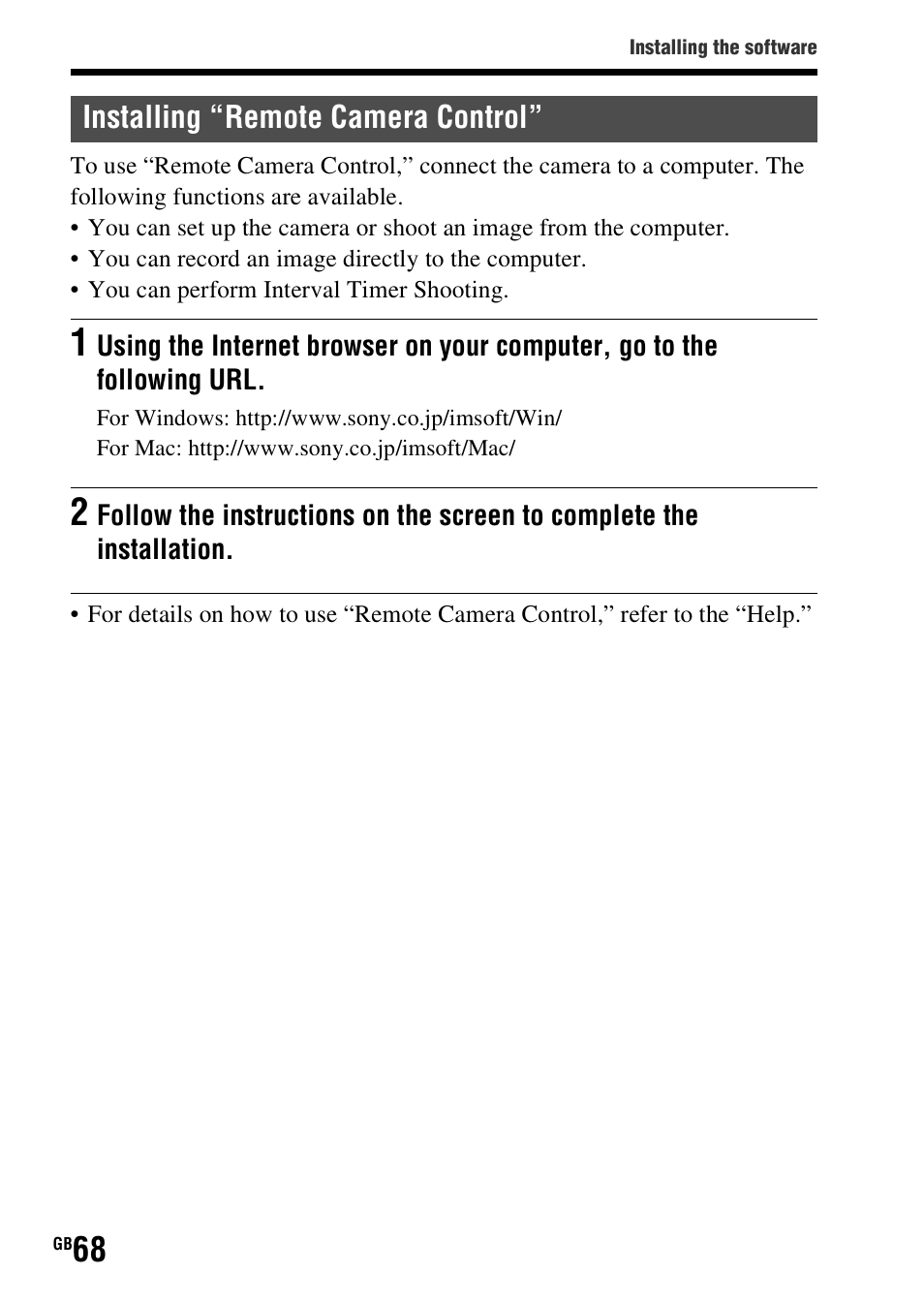 Installing “remote camera control | Sony SLT-A58 User Manual | Page 68 / 96