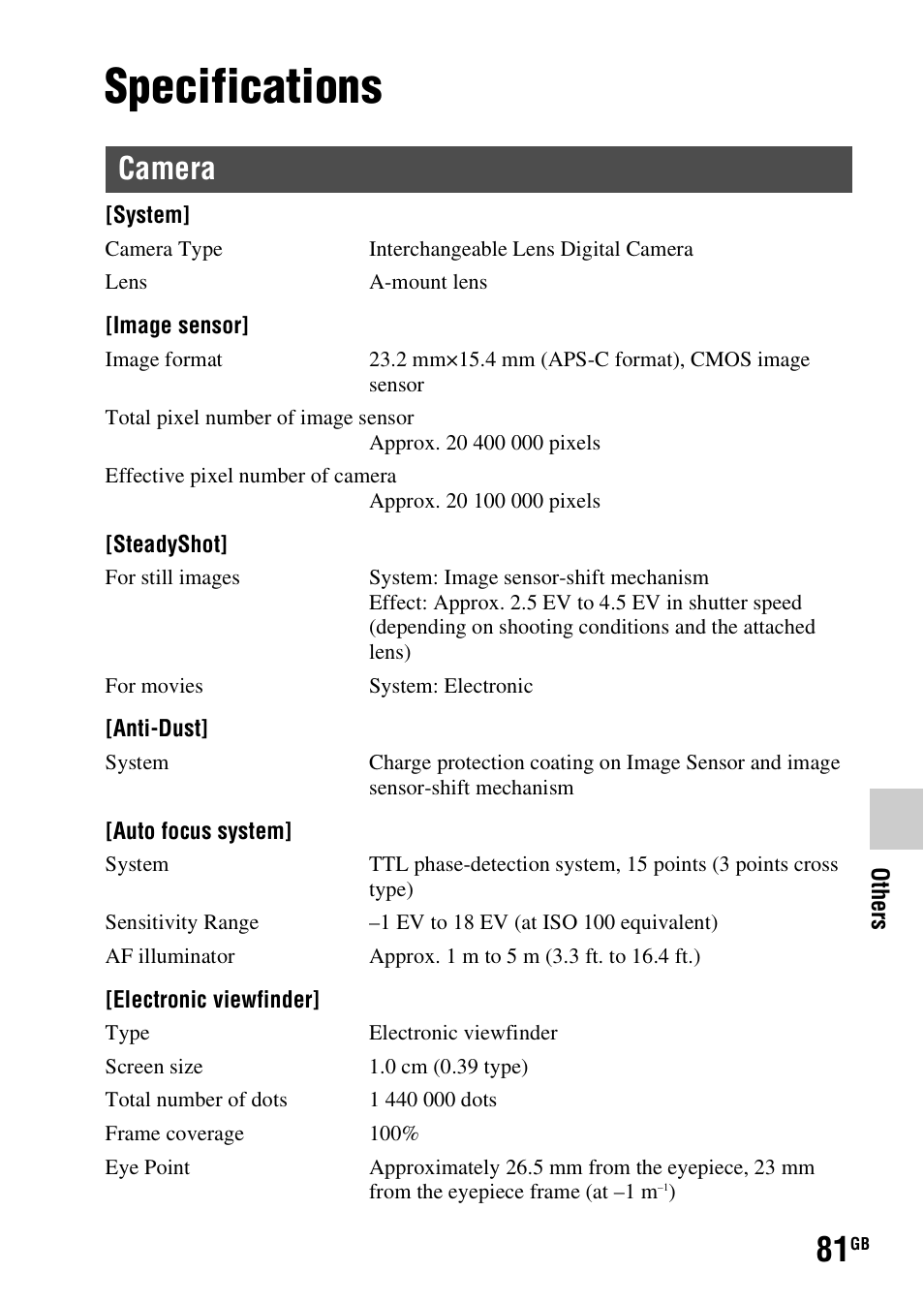 Specifications, Camera | Sony SLT-A58 User Manual | Page 81 / 96