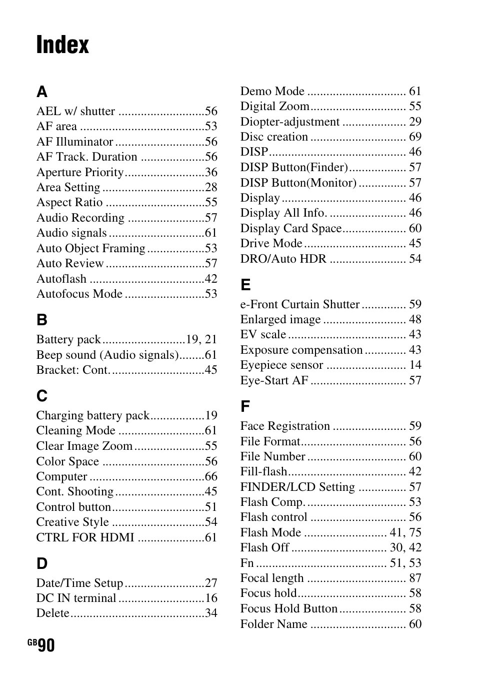 Index | Sony SLT-A58 User Manual | Page 90 / 96