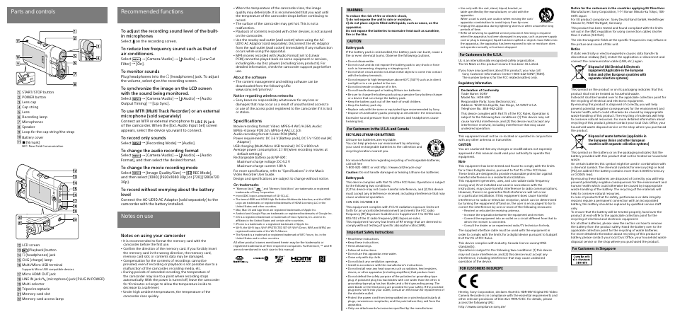 Recommended functions, Parts and controls, Specifications | Sony HDR-MV1 User Manual | Page 2 / 2