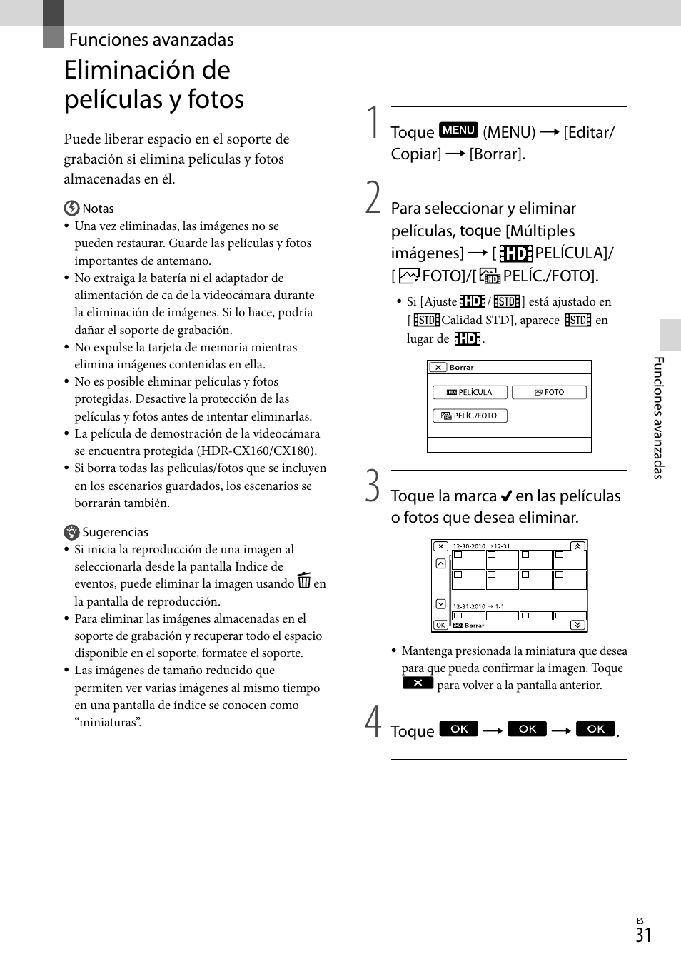 Funciones avanzadas, Eliminación de películas y fotos | Sony HDR-CX130 User Manual | Page 103 / 143