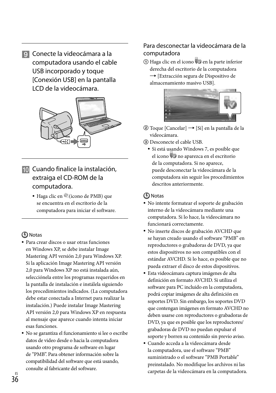 Para desconectar la videocámara de la computadora | Sony HDR-CX130 User Manual | Page 108 / 143