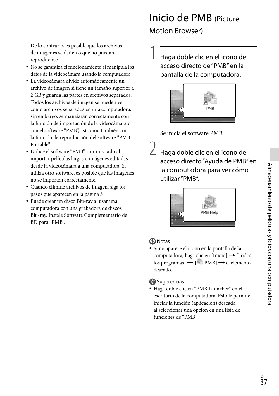 Inicio de pmb (picture motion browser), Inicio de pmb, Picture motion browser) | Sony HDR-CX130 User Manual | Page 109 / 143