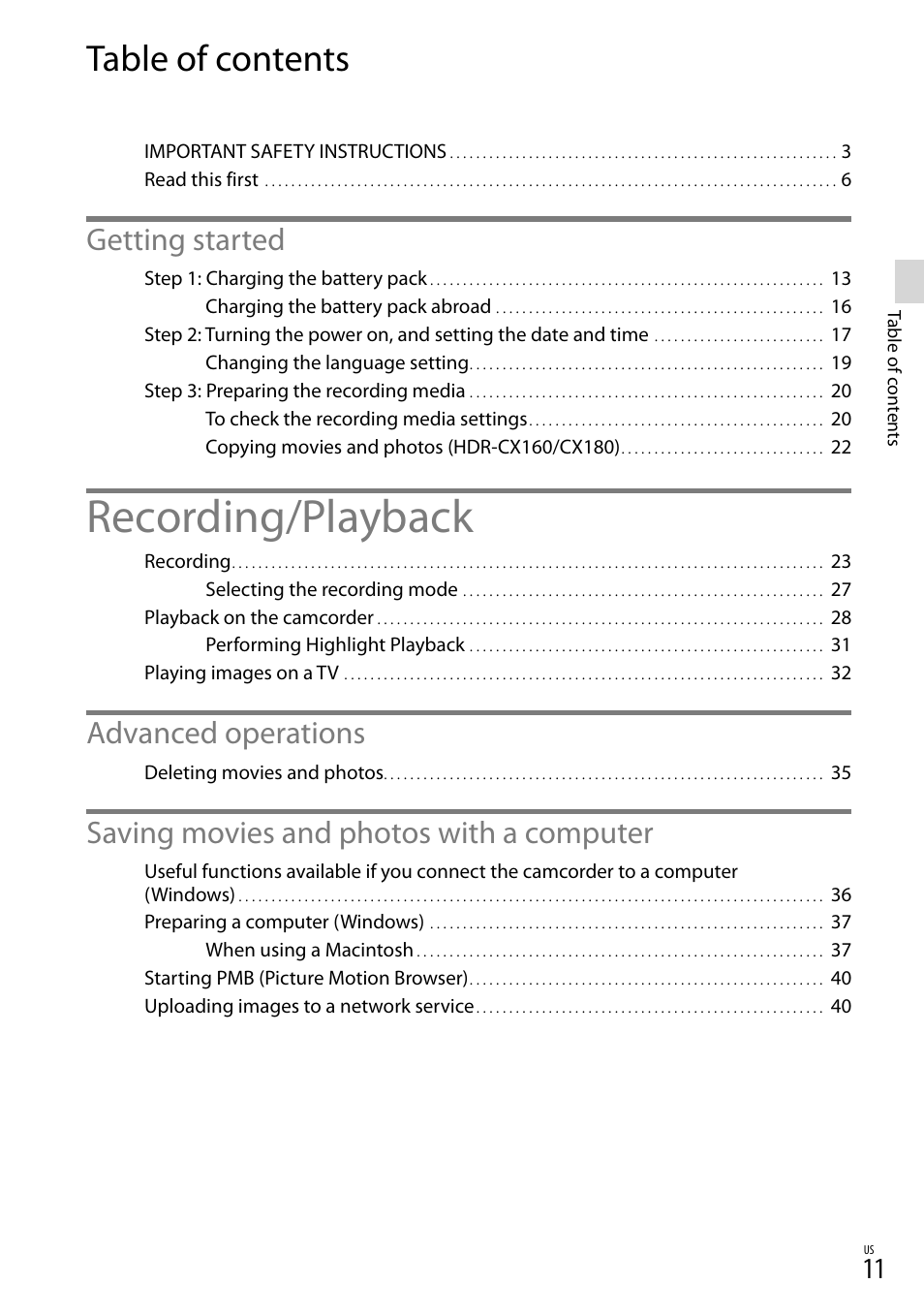 Sony HDR-CX130 User Manual | Page 11 / 143