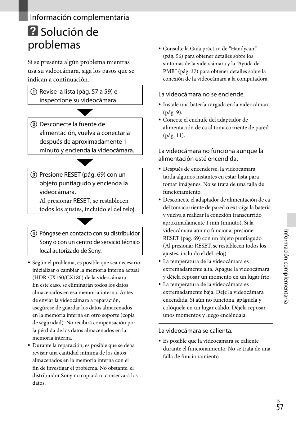 Información complementaria, Solución de problemas | Sony HDR-CX130 User Manual | Page 129 / 143