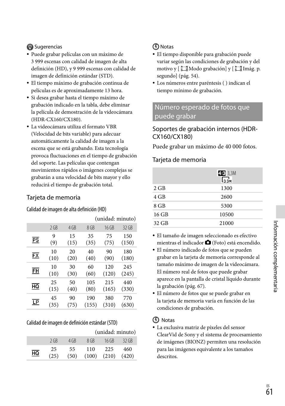 Número esperado de fotos que puede grabar | Sony HDR-CX130 User Manual | Page 133 / 143