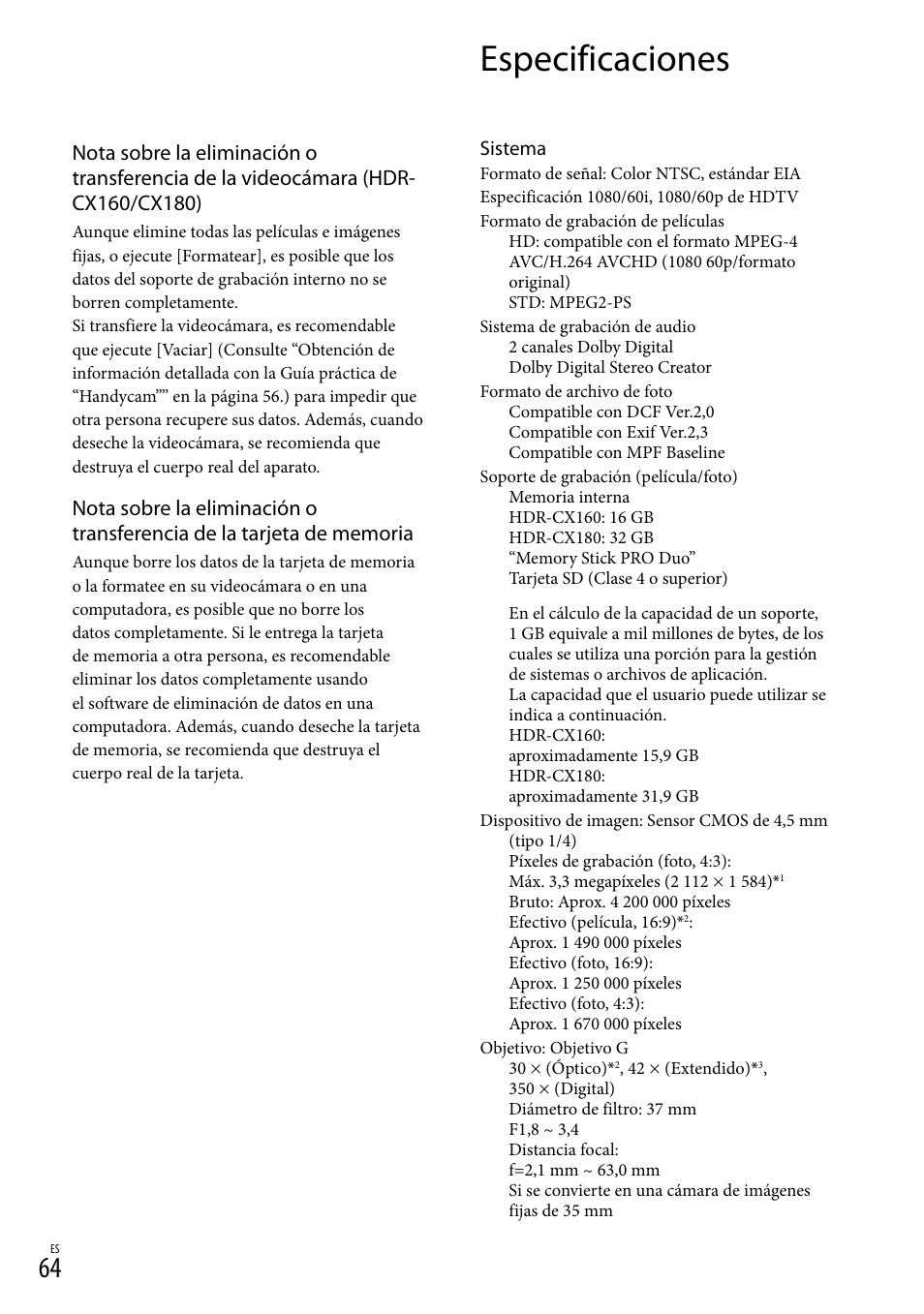 Especificaciones | Sony HDR-CX130 User Manual | Page 136 / 143
