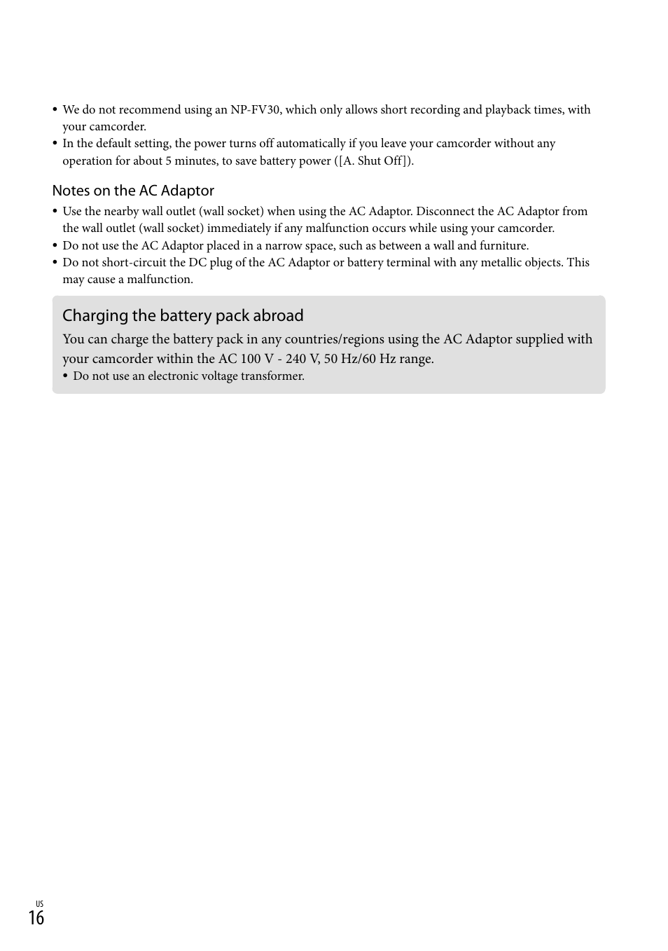 Charging the battery pack abroad | Sony HDR-CX130 User Manual | Page 16 / 143