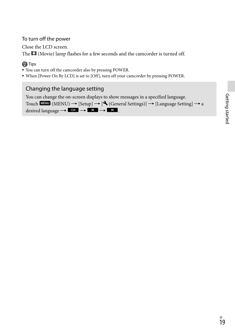 Changing the language setting | Sony HDR-CX130 User Manual | Page 19 / 143