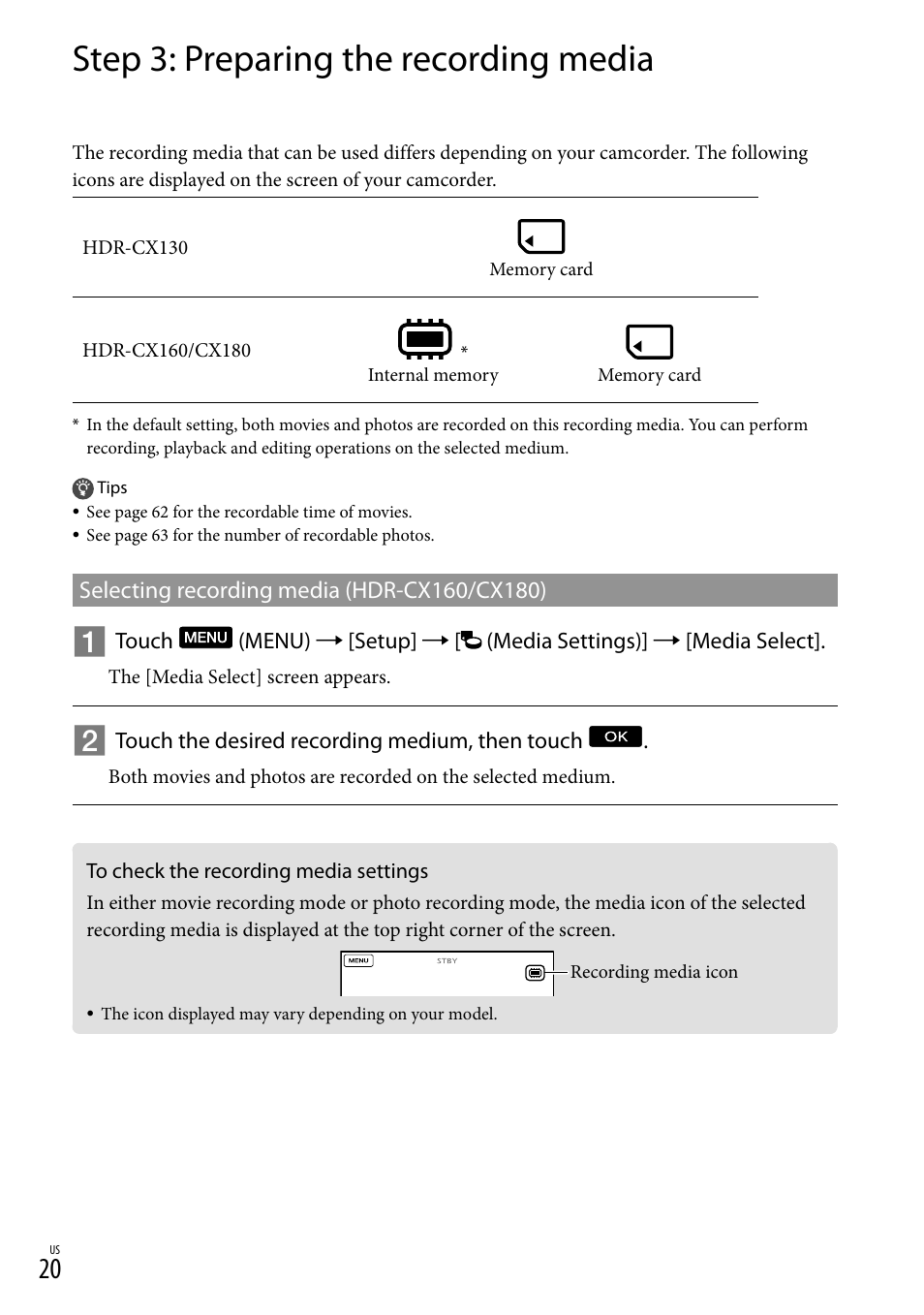 Step 3: preparing the recording media, To check the recording media settings | Sony HDR-CX130 User Manual | Page 20 / 143