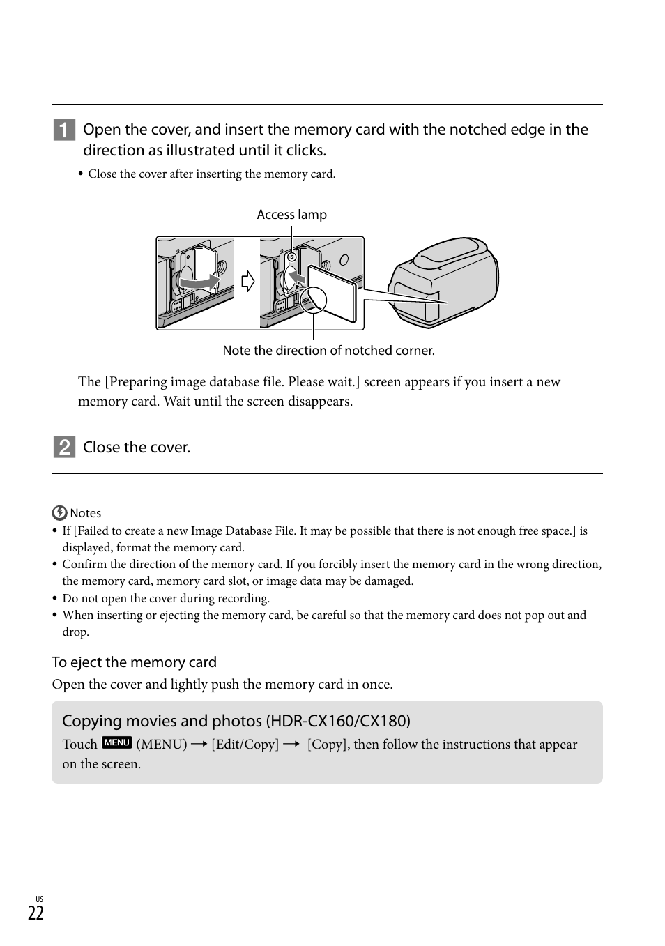 Copying movies and photos (hdr-cx160/cx180), 22) a | Sony HDR-CX130 User Manual | Page 22 / 143