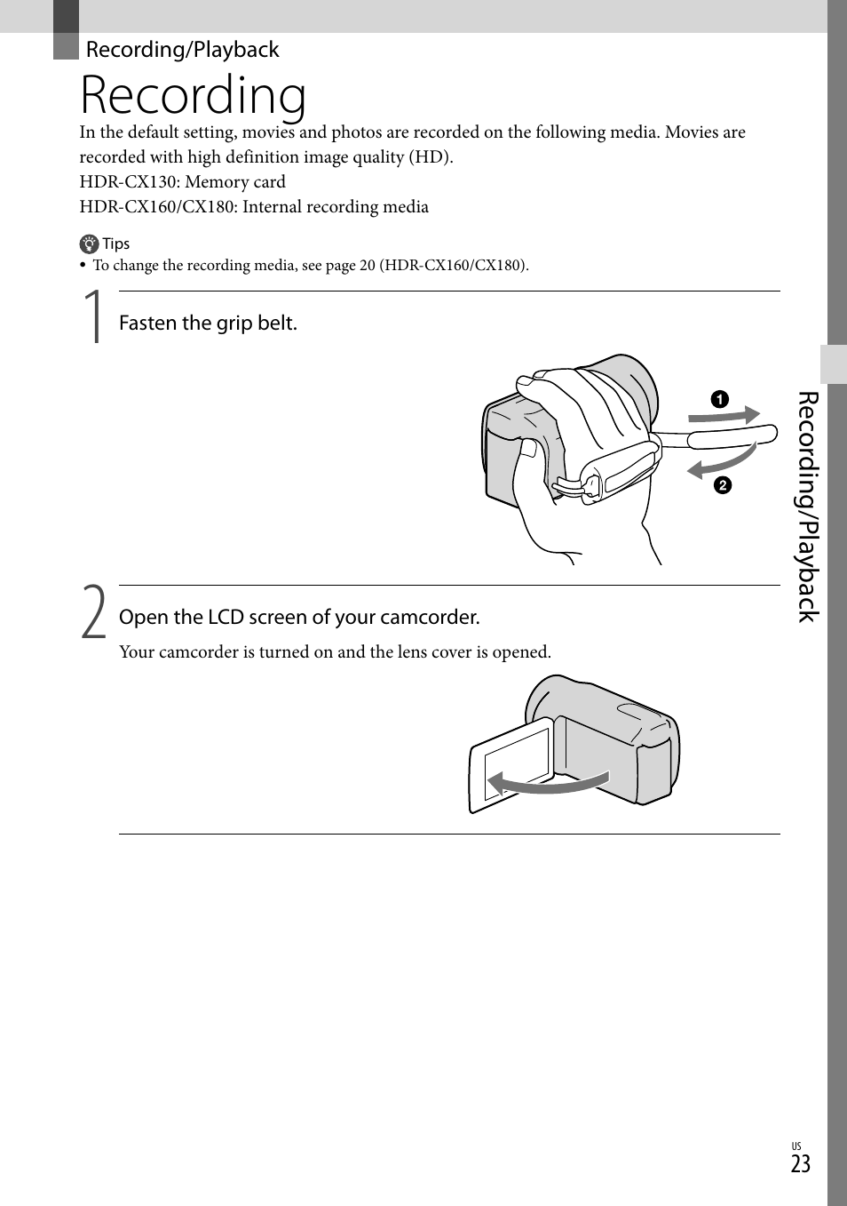 Recording/playback, Recording | Sony HDR-CX130 User Manual | Page 23 / 143