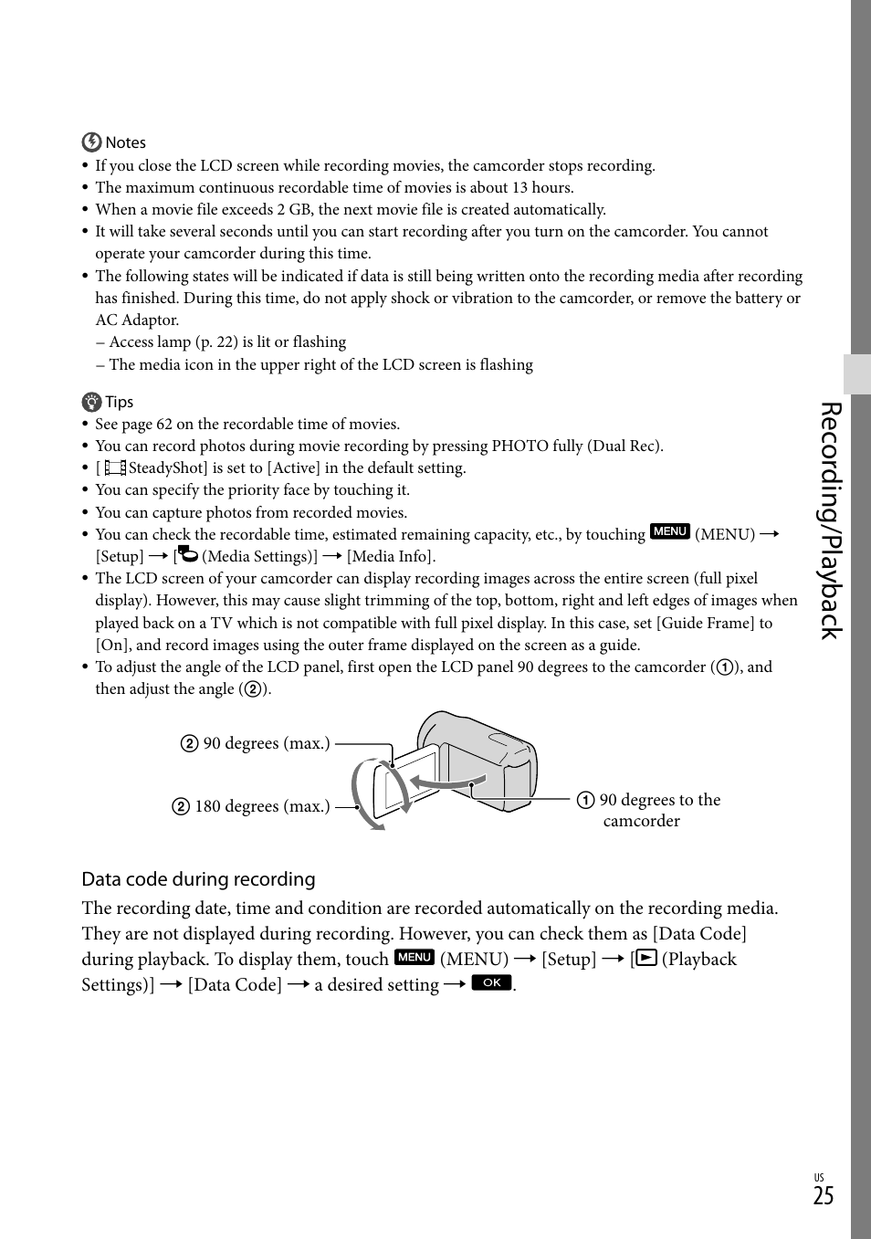 Rec or ding/p la yback | Sony HDR-CX130 User Manual | Page 25 / 143