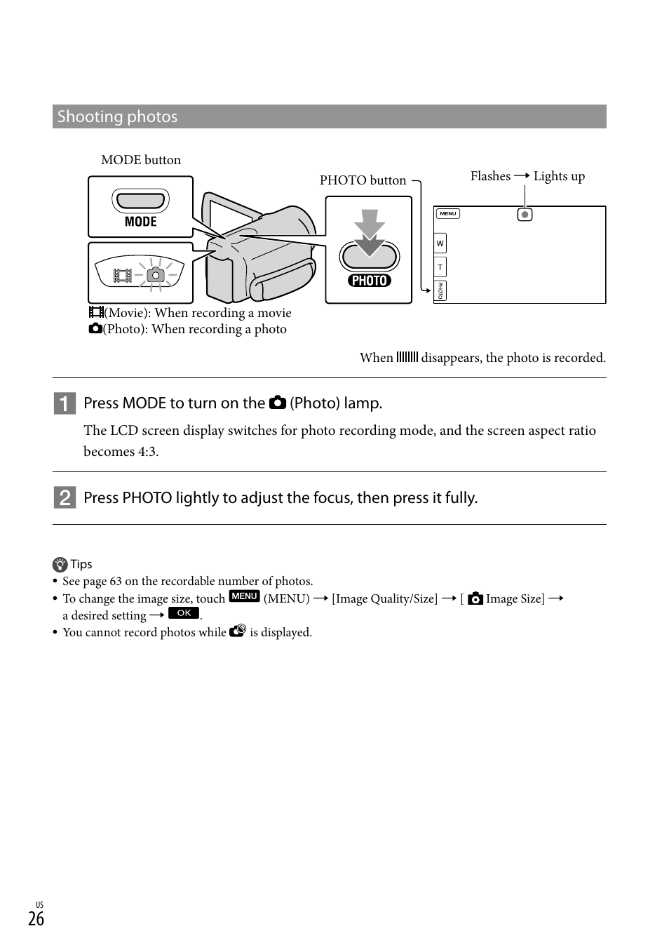 Shooting photos | Sony HDR-CX130 User Manual | Page 26 / 143
