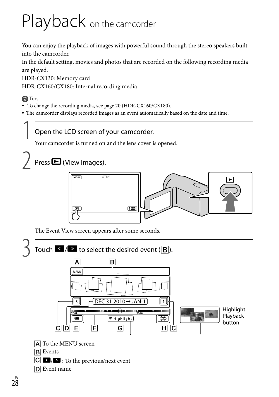 Playback on the camcorder, Playback, On.the.camcorder | Sony HDR-CX130 User Manual | Page 28 / 143